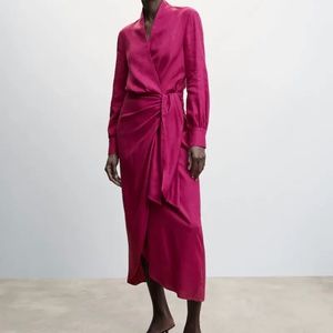 Mango Draped Linen Wrap Dress